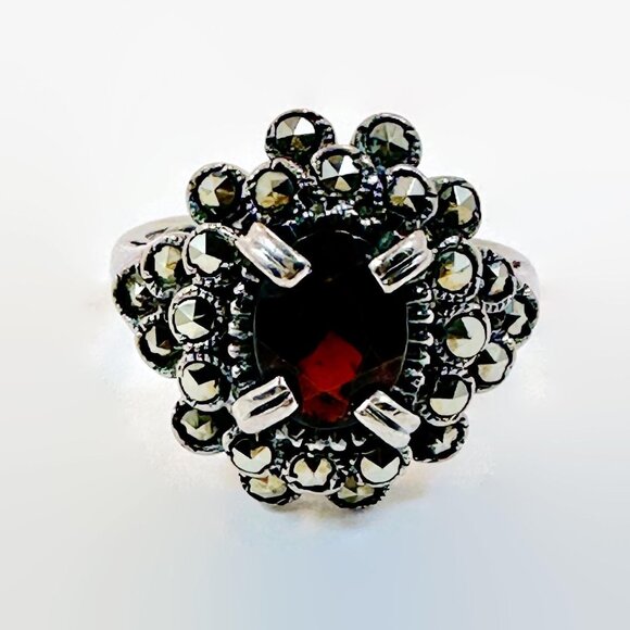 Jewelry - Vintage Garnet Ring Sterling Silver Marcasite Art Deco Style CNA Red Black Stone